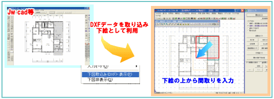 jw cadから変換したDXFデータを下絵として取込めます。